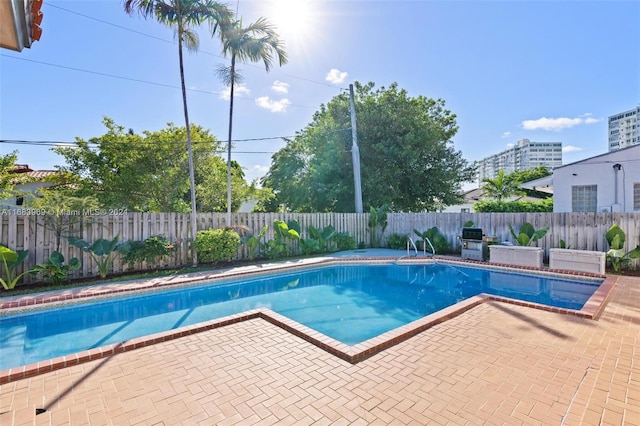 view of pool featuring a patio area and grilling area