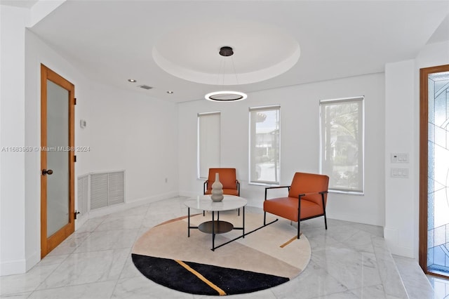 living area featuring a raised ceiling