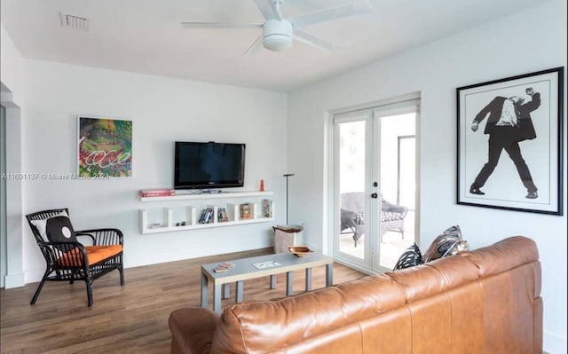 living room featuring hardwood / wood-style flooring, ceiling fan, a healthy amount of sunlight, and french doors