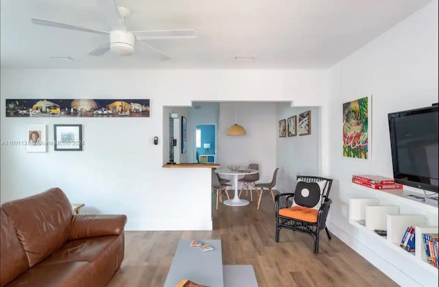 living room with light hardwood / wood-style floors and ceiling fan