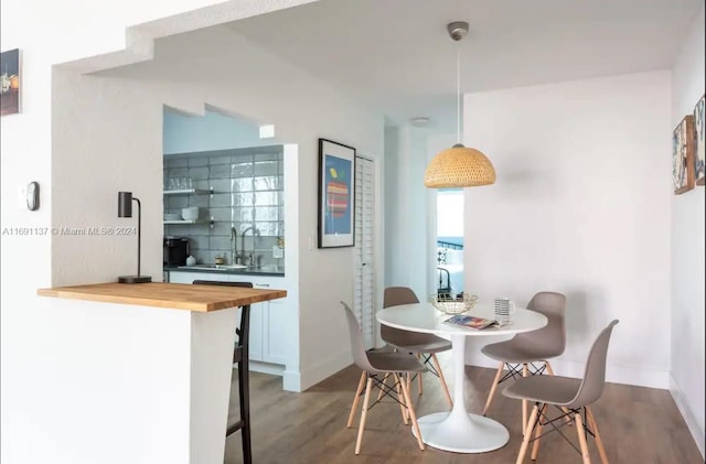 dining space featuring sink and hardwood / wood-style flooring