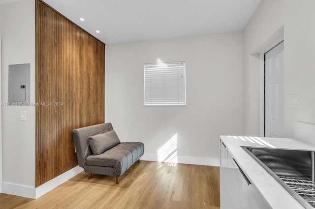 living area featuring light wood-type flooring, electric panel, and sink