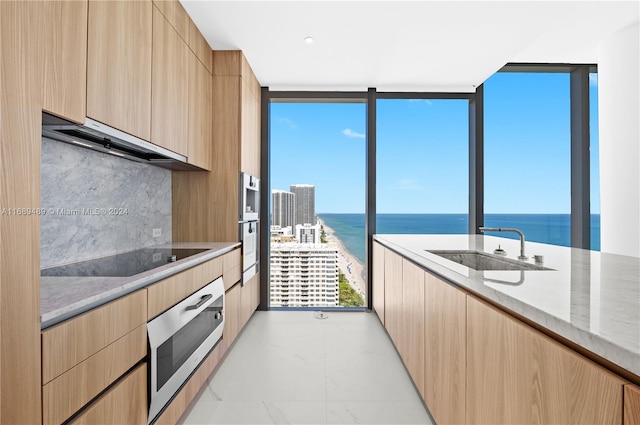 kitchen with decorative backsplash, stainless steel oven, a water view, and plenty of natural light