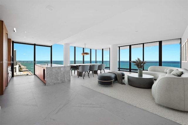 living room featuring a wealth of natural light, a water view, and a wall of windows