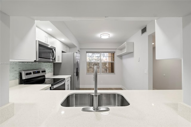 kitchen featuring white cabinetry, kitchen peninsula, stainless steel appliances, sink, and backsplash