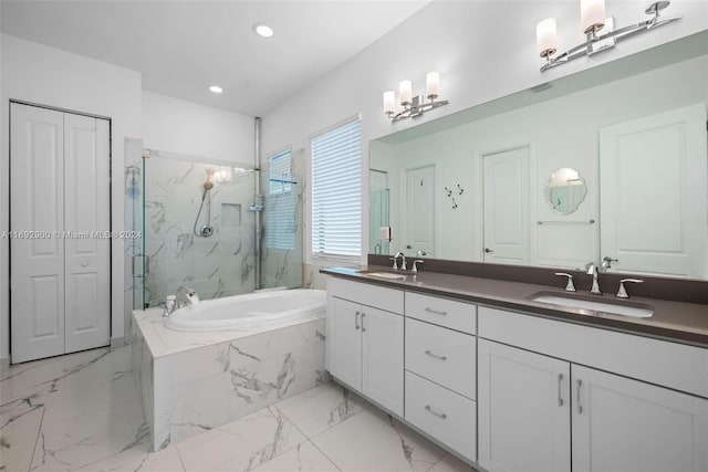 bathroom with vanity and plus walk in shower