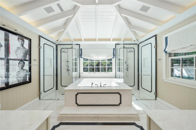 bathroom featuring vaulted ceiling with beams and independent shower and bath