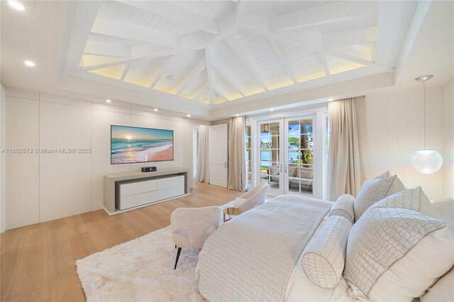 bedroom with french doors, access to exterior, light hardwood / wood-style flooring, and vaulted ceiling with beams