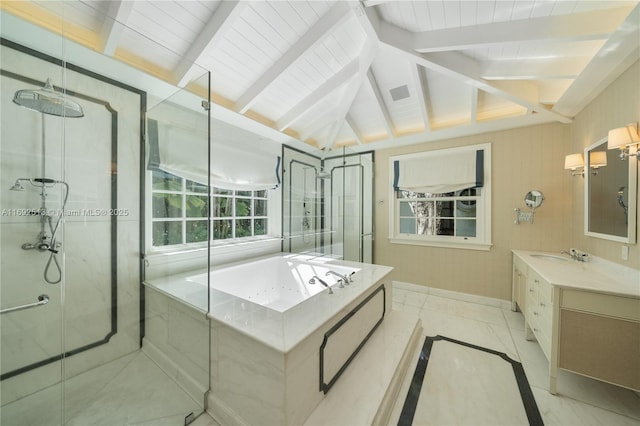 bathroom with vanity, shower with separate bathtub, and vaulted ceiling with beams