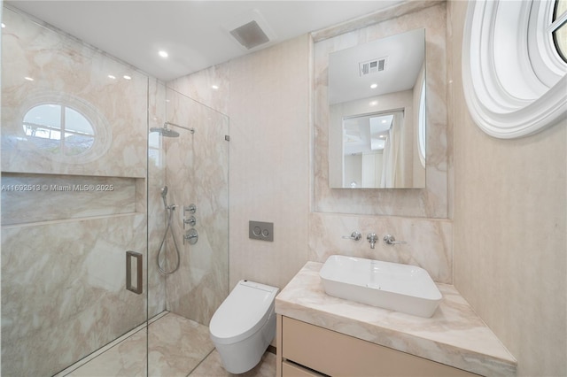 bathroom featuring vanity, tile walls, walk in shower, and toilet