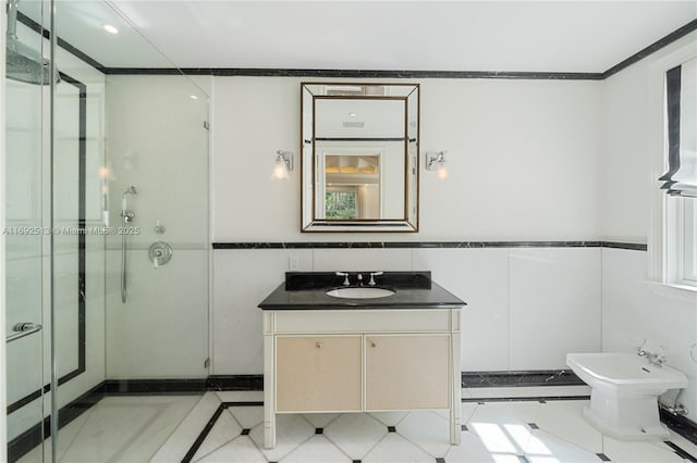 bathroom with walk in shower, tile walls, a bidet, vanity, and ornamental molding