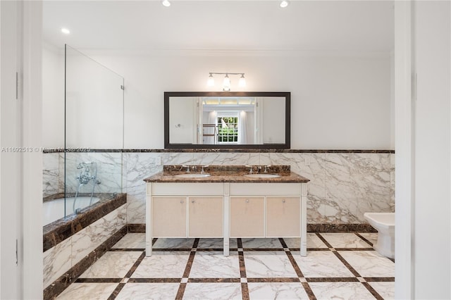 bathroom with a bidet, ornamental molding, and tile walls