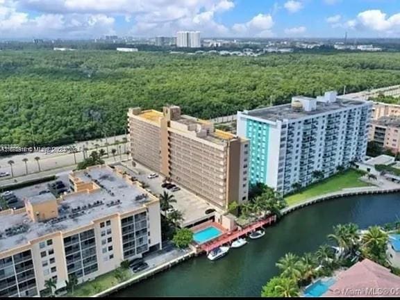 bird's eye view with a water view