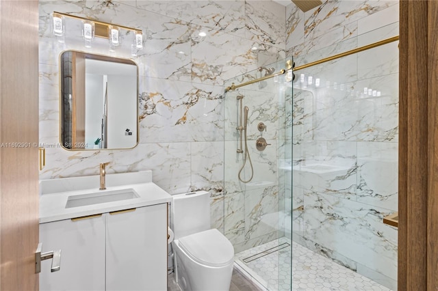 bathroom featuring toilet, vanity, tile walls, and walk in shower