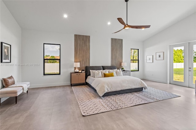 bedroom with high vaulted ceiling, access to outside, multiple windows, and ceiling fan