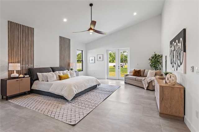 bedroom with ceiling fan, access to exterior, high vaulted ceiling, and french doors