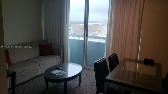 living room featuring carpet flooring and a water view