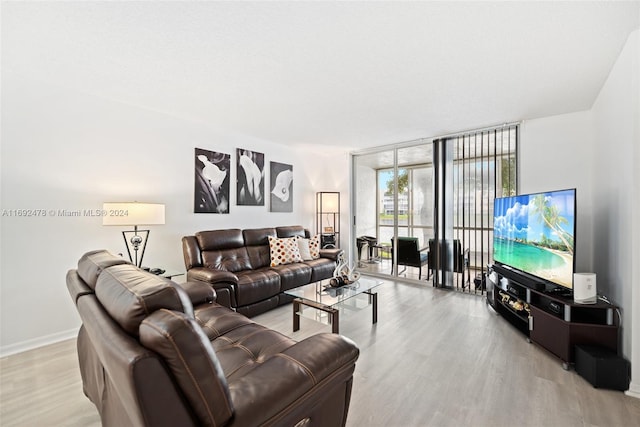 living room with a wall of windows and light wood-type flooring