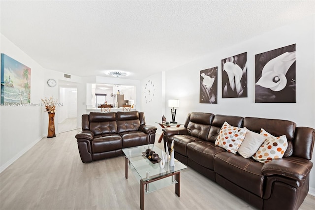 living room with light hardwood / wood-style floors and a textured ceiling