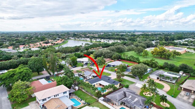 aerial view featuring a water view