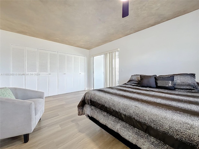 bedroom featuring ceiling fan, a closet, and light wood-type flooring