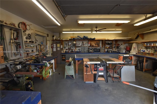 interior space featuring a workshop area, ceiling fan, and concrete floors