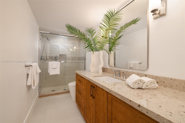 2000 S Bayshore Dr Unit 4, Coconut Grove, FL 33133 - bathroom with vanity, a stall shower, toilet, baseboards, and tile patterned flooring