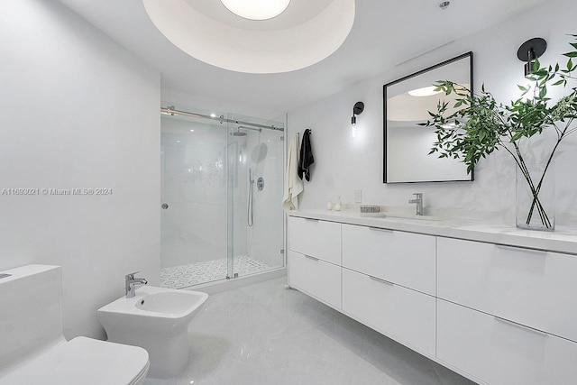 bathroom with an enclosed shower, a bidet, toilet, and vanity