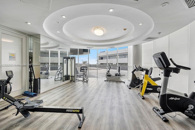 gym with a tray ceiling, a wall of windows, and light hardwood / wood-style flooring