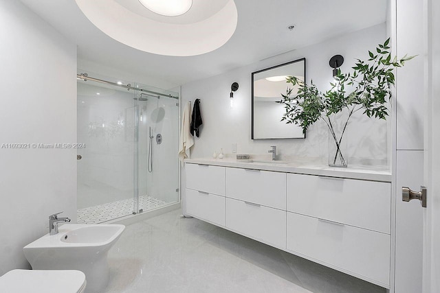 bathroom with toilet, vanity, an enclosed shower, and a bidet