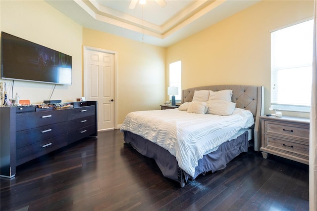 bedroom with dark wood-type flooring, ceiling fan, and a raised ceiling