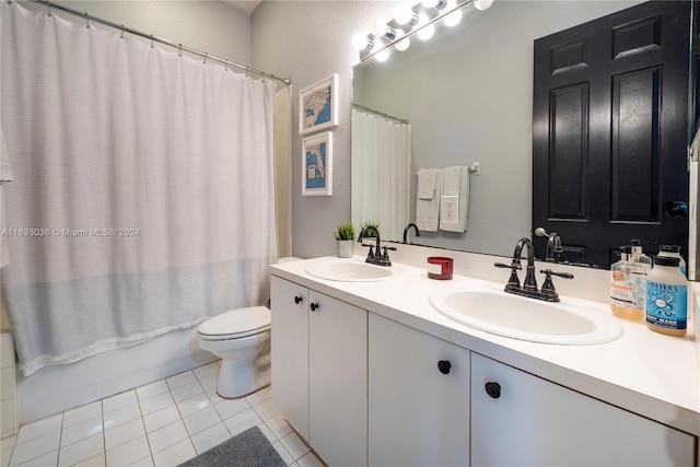 full bathroom featuring toilet, shower / tub combo, vanity, and tile patterned floors