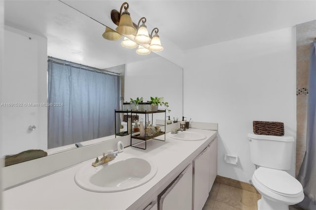 bathroom with walk in shower, a chandelier, vanity, tile patterned floors, and toilet