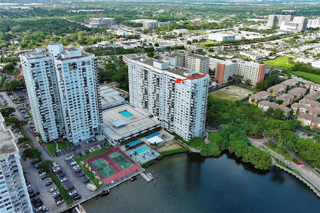 aerial view featuring a water view