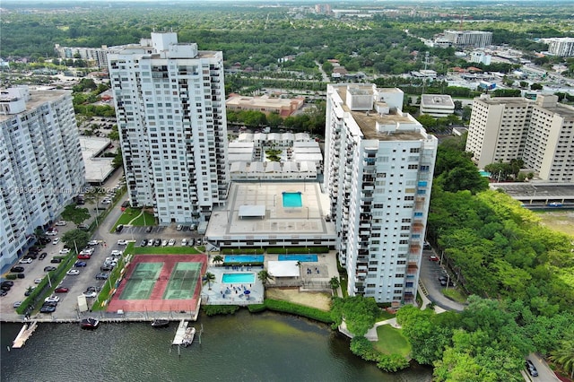 bird's eye view with a water view