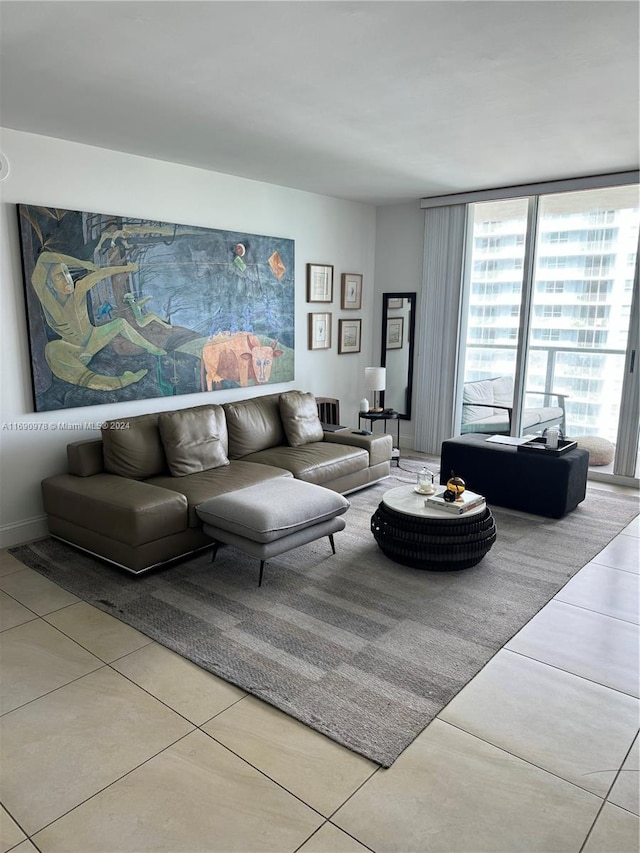 living room featuring light tile patterned flooring