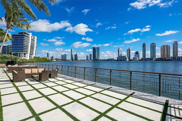 view of patio featuring a water view