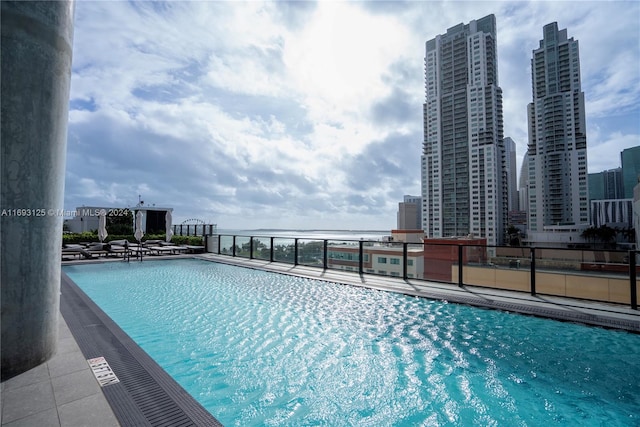 view of pool with a water view