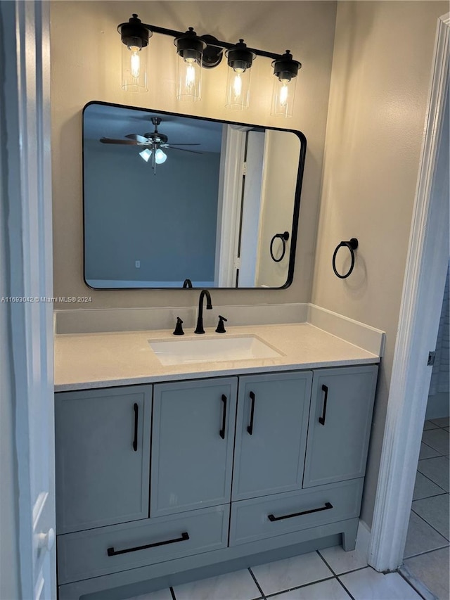 bathroom featuring tile patterned floors, vanity, and ceiling fan