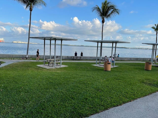 view of community featuring a lawn and a water view