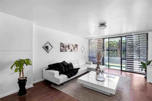 living room with floor to ceiling windows and dark hardwood / wood-style floors