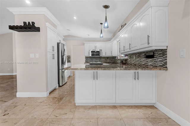 kitchen featuring white cabinetry, stainless steel refrigerator with ice dispenser, crown molding, and kitchen peninsula