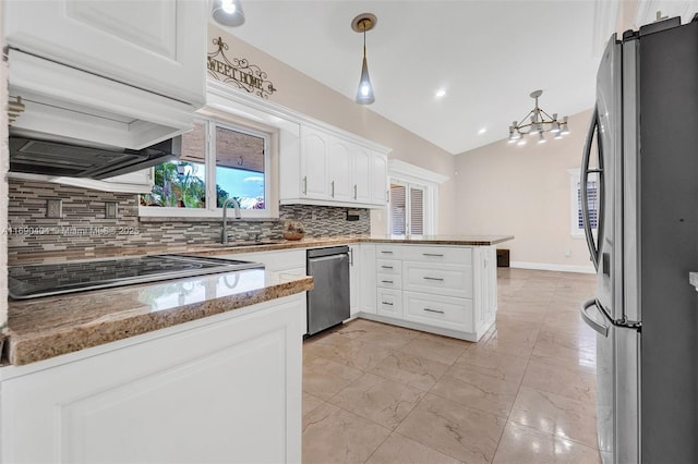 kitchen with pendant lighting, stainless steel appliances, light stone countertops, white cabinets, and kitchen peninsula