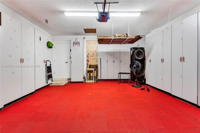 garage featuring a garage door opener and heating unit