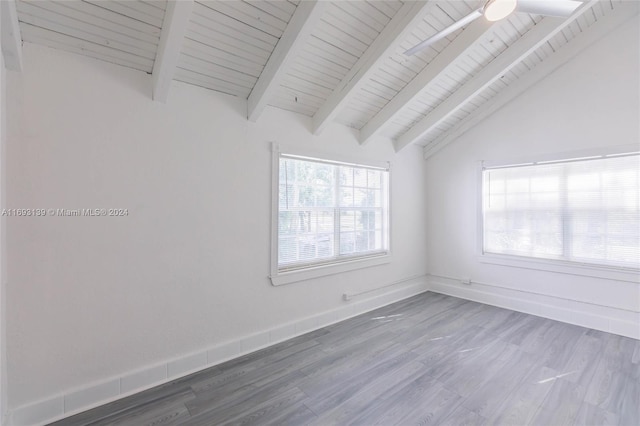 spare room featuring hardwood / wood-style flooring, wood ceiling, and lofted ceiling with beams