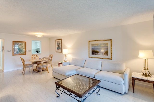 living room featuring light hardwood / wood-style floors and a textured ceiling