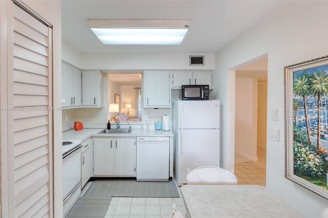 kitchen with white cabinets, decorative backsplash, sink, and white appliances