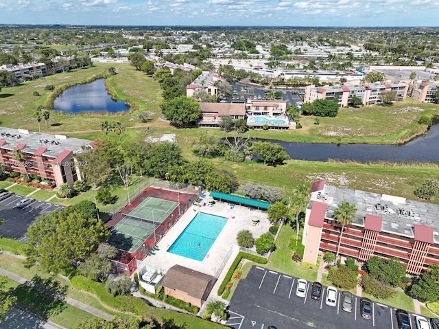 aerial view featuring a water view