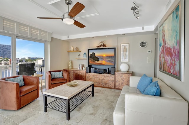 living room with ceiling fan