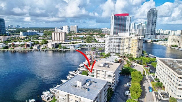 drone / aerial view with a water view